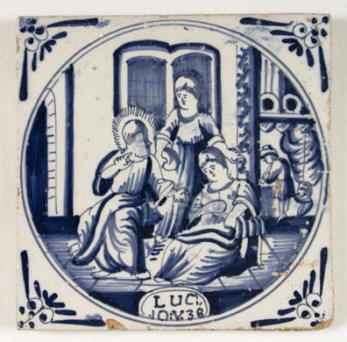 Bijbeltegel met blauwwit decor van Jezus gediend door vrouwen